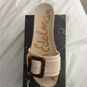Sam Edelman Cream Slide Sandals with Tortoise Accent